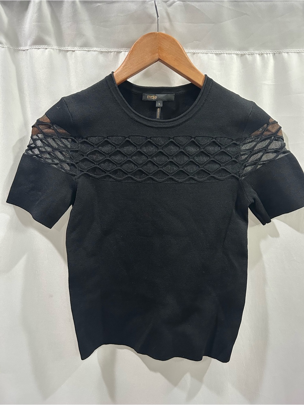 1 Maje Black Short-Sleeve Knit Top with Lace Yoke